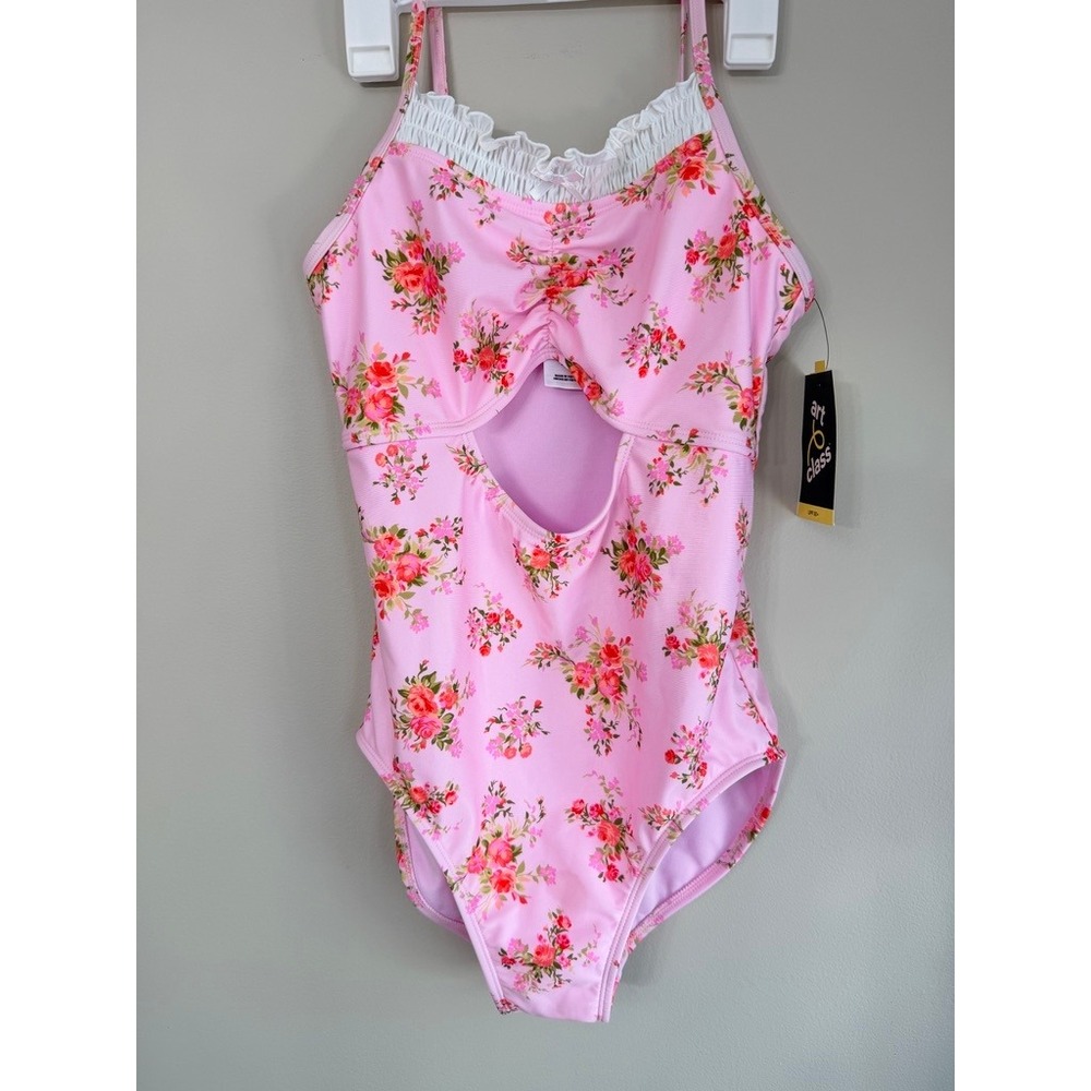 Art Class One Piece Swimsuit Girls XL 14 Pink‎ Floral Cutout Ruffle NWT